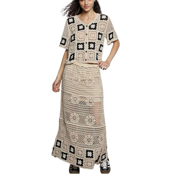 Boho Crochet Maxi Skirt Cream Black Granny Square Patchwork Long Knit Skirt OS - Picture 7 of 7